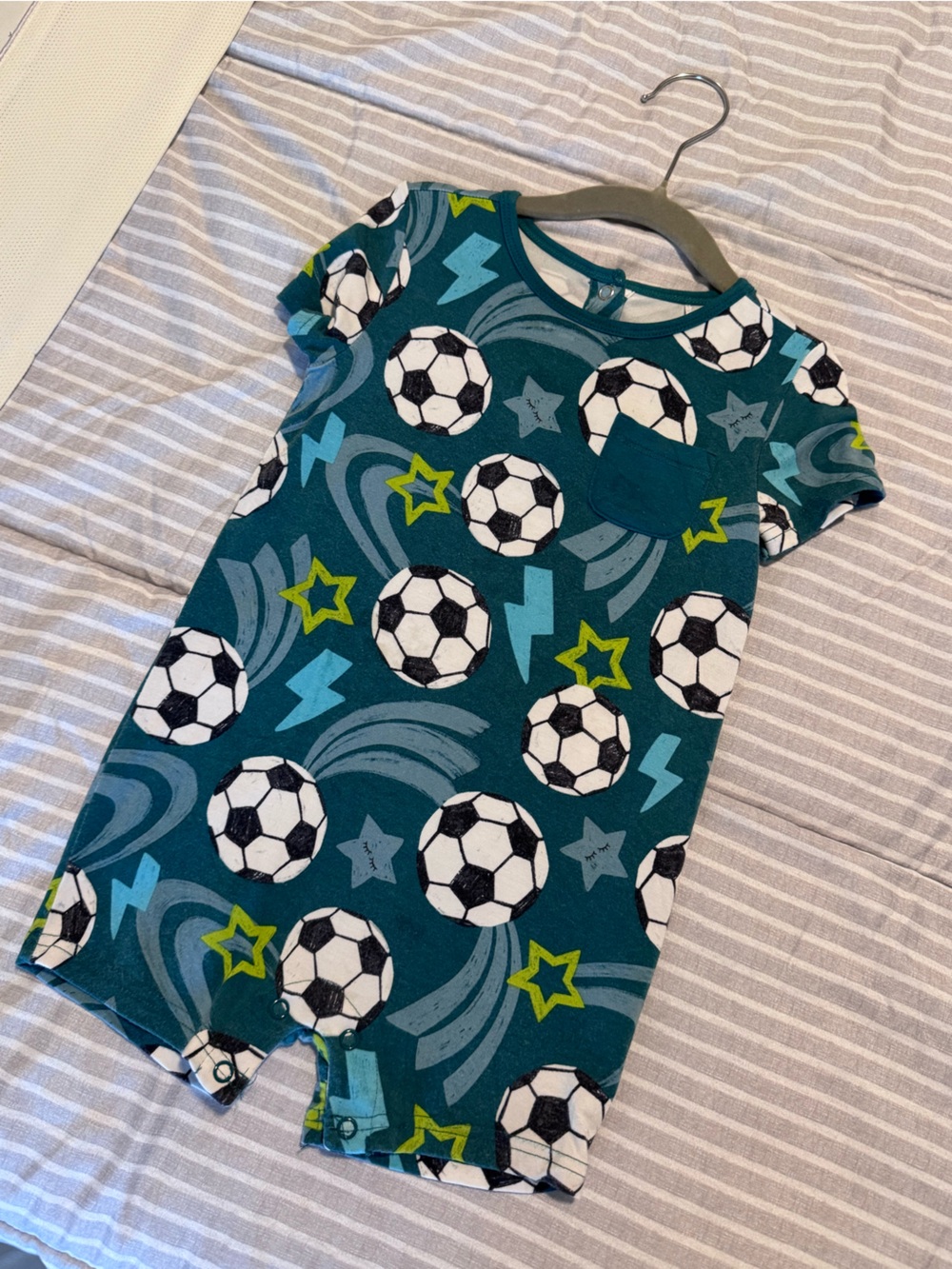 Little Sleepies Teal Soccer Print One-Piece Romper with Lime Accents